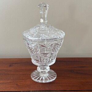 Vintage Cut Glass Lidded Candy Dish Footed Starburst Diamond Pattern 8 Inch